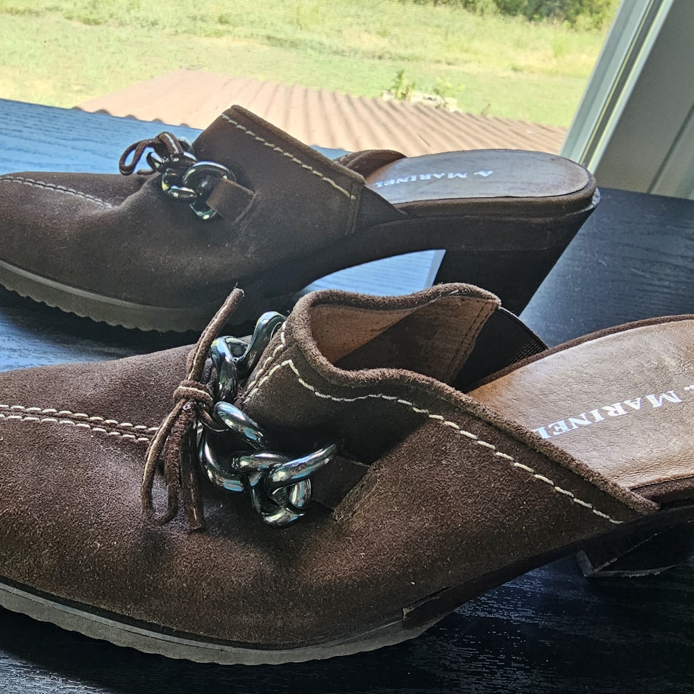 A. Marinelli Brown Suede Mules with Chain Detail Women's Sz 8M - Picture 2 of 9